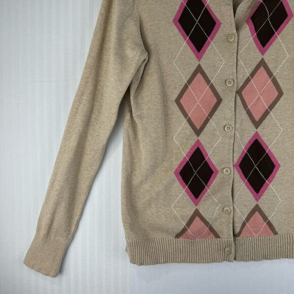 Cherokee Button Up Cardigan Tan Knit Sweater Women Size Large Pink Argyle Print - Picture 3 of 10